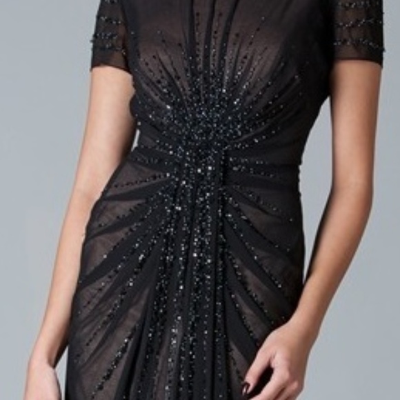 Floor Length Black Beaded Short Sleeve V Neck Back - Picture 4 of 4